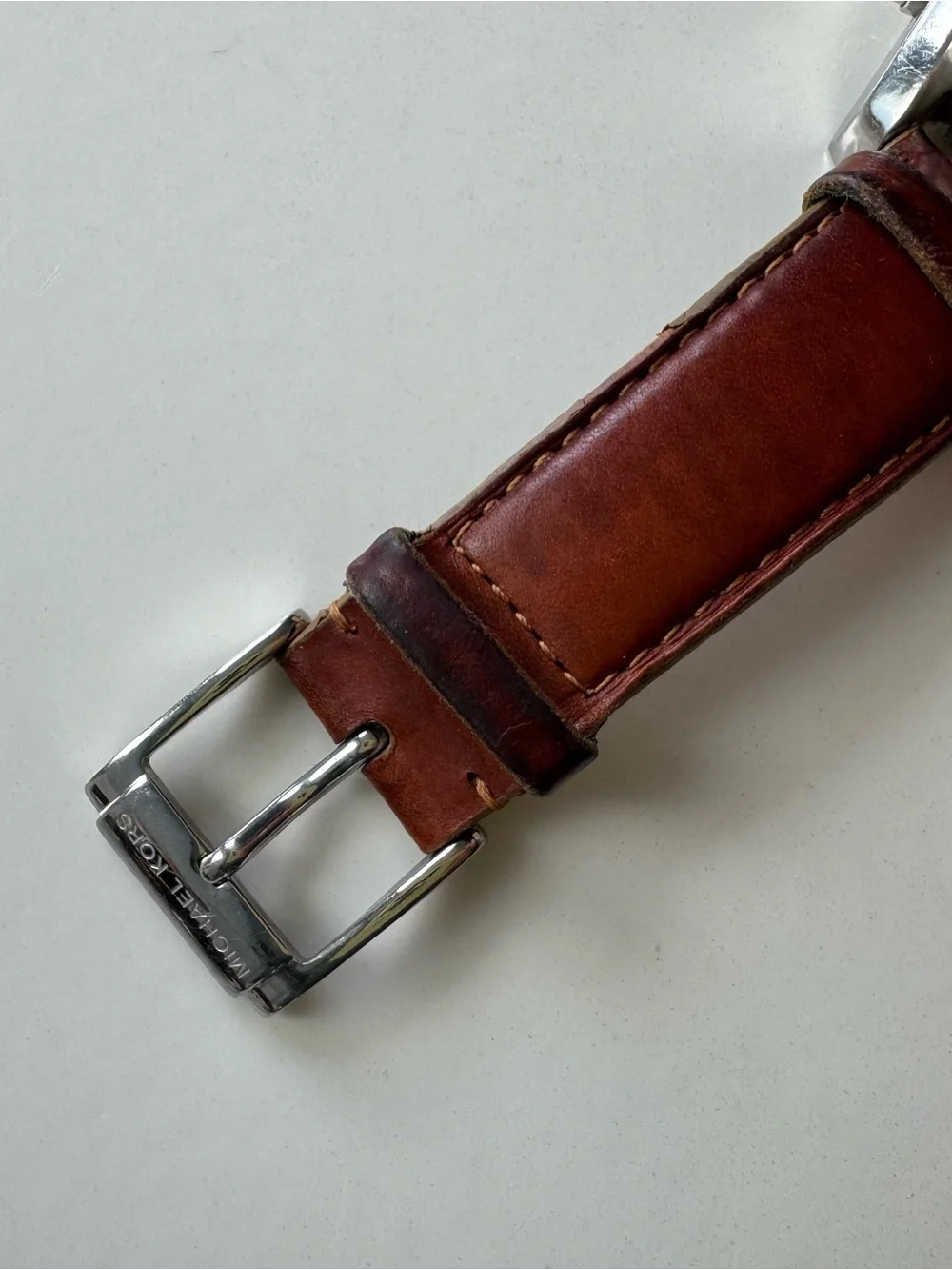 Michael Kors Two-Tone Silver and Gold Chronograph Watch with Brown Leather Strap